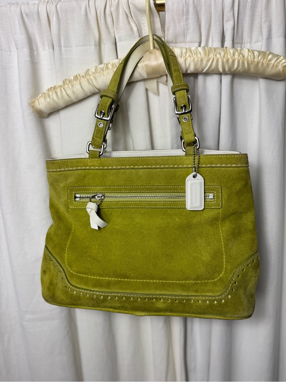 Coach Lime Green Suede Tote Bag with Tassel Accents
